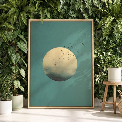 Flock Across the Orb, blue, green, beige nature wall art displayed in a styled interior, gallery view 4