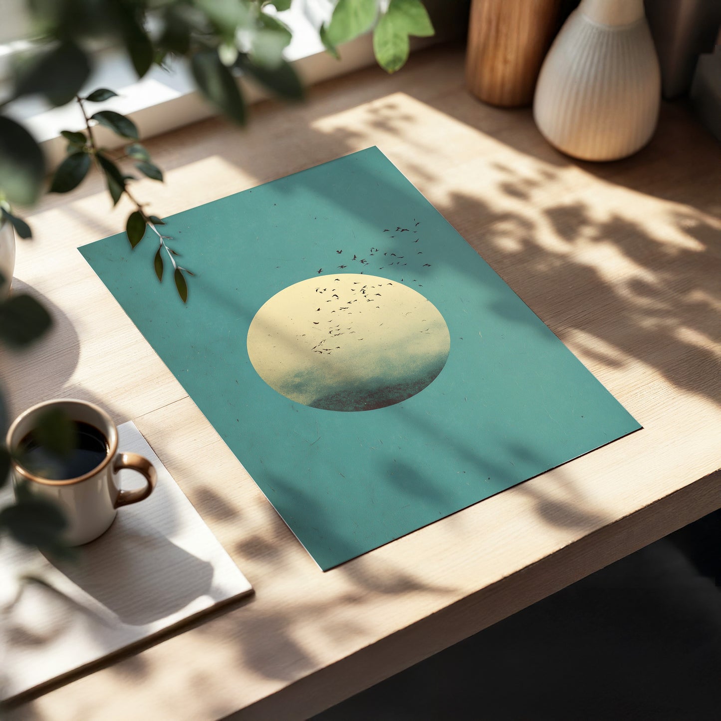 Flock Across the Orb, blue, green, beige nature wall art displayed in a styled interior, gallery view 5