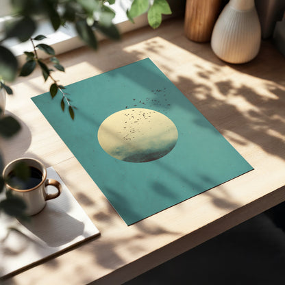 Flock Across the Orb, blue, green, beige nature wall art displayed in a styled interior, gallery view 5