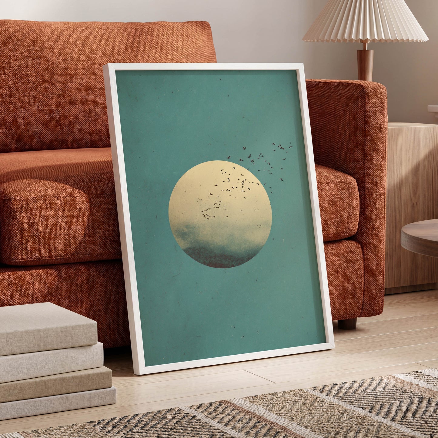 Flock Across the Orb, blue, green, beige nature wall art displayed in a styled interior, gallery view 6