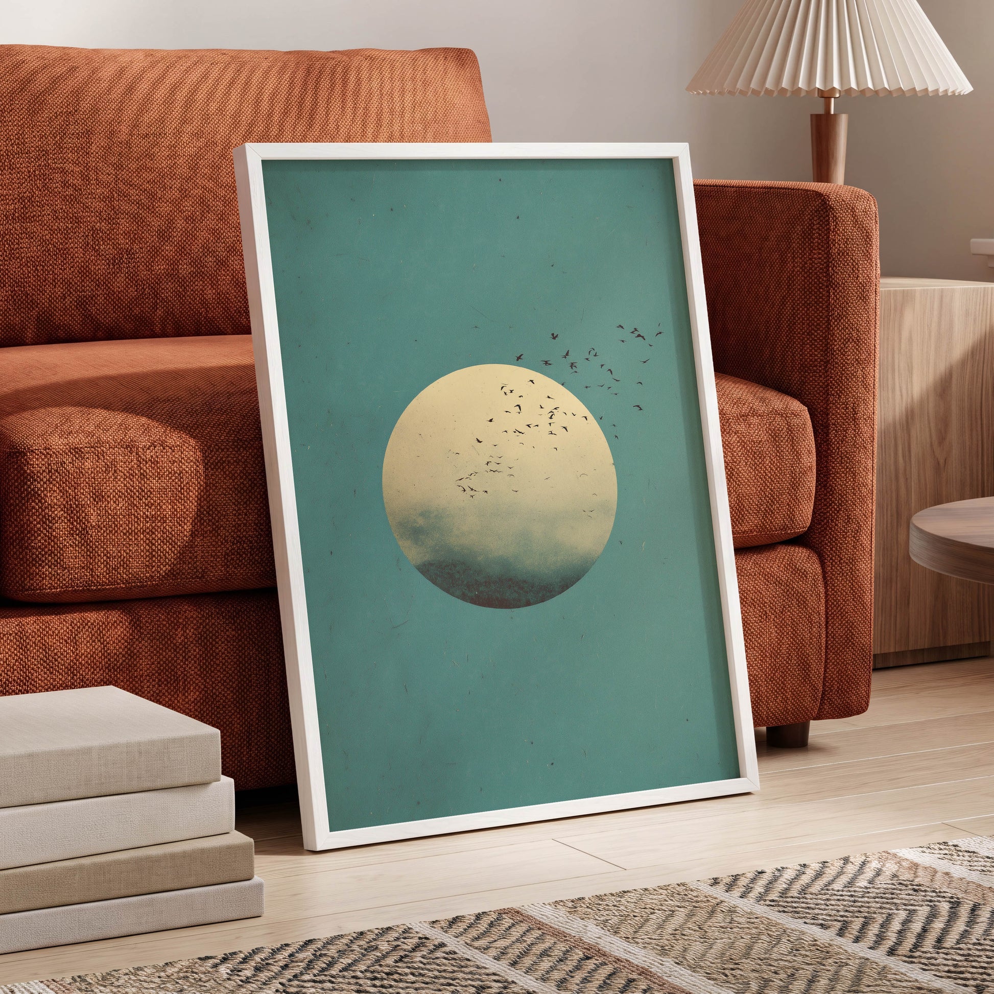 Flock Across the Orb, blue, green, beige nature wall art displayed in a styled interior, gallery view 6