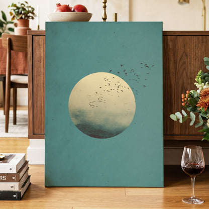 Flock Across the Orb, blue, green, beige nature wall art displayed in a styled interior, gallery view 7