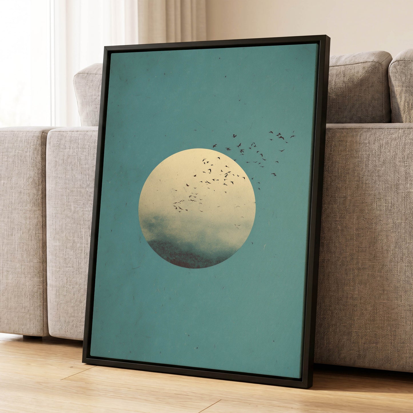 Flock Across the Orb, blue, green, beige nature wall art displayed in a styled interior, gallery view 8