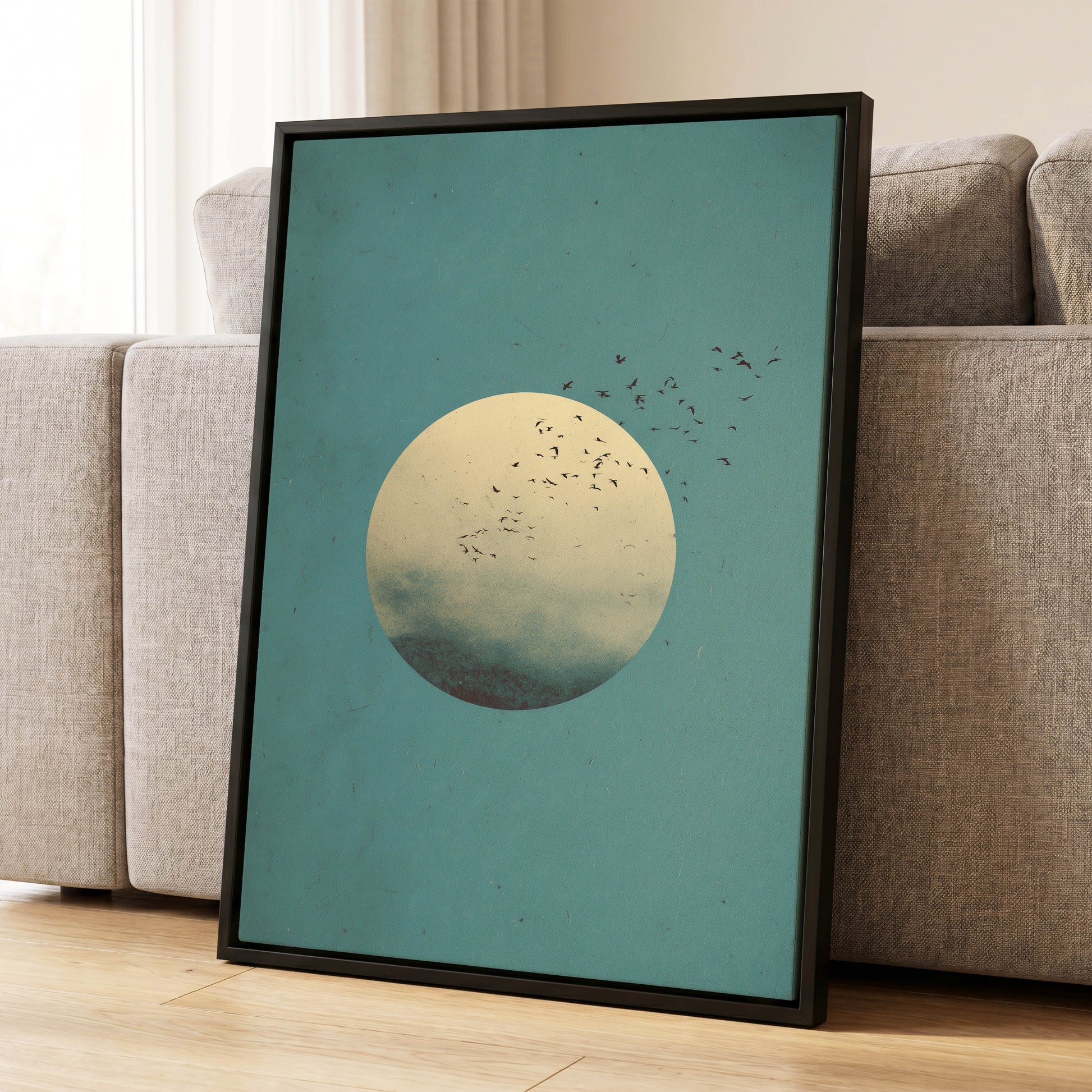 Flock Across the Orb, blue, green, beige nature wall art displayed in a styled interior, gallery view 8
