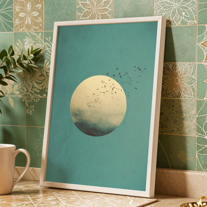 Flock Across the Orb, blue, green, beige nature wall art displayed in a styled interior, gallery view 9