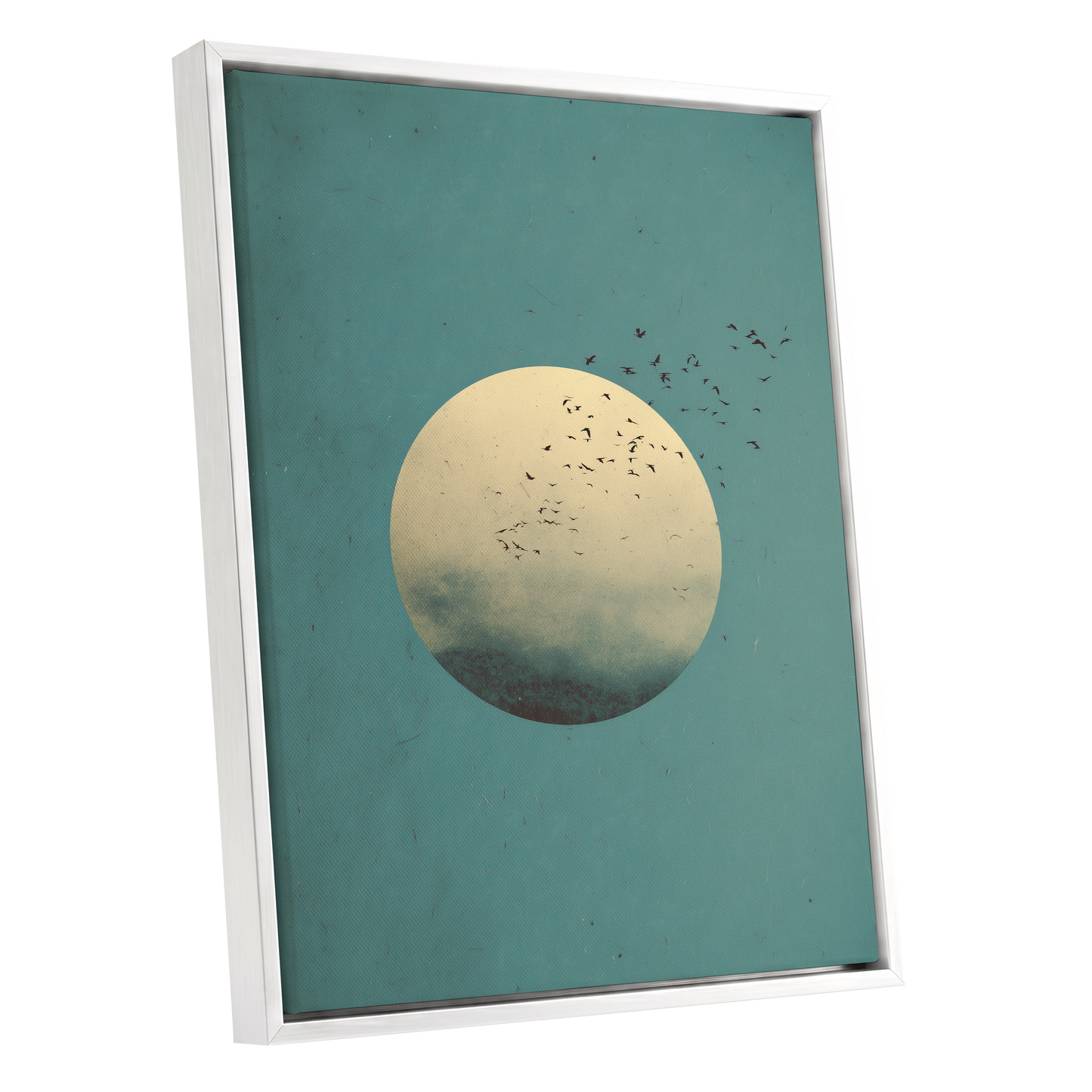 Flock Across the Orb, blue, green, beige nature wall art shown as a white framed canvas wall art