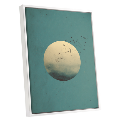 Flock Across the Orb, blue, green, beige nature wall art shown as a white framed canvas wall art