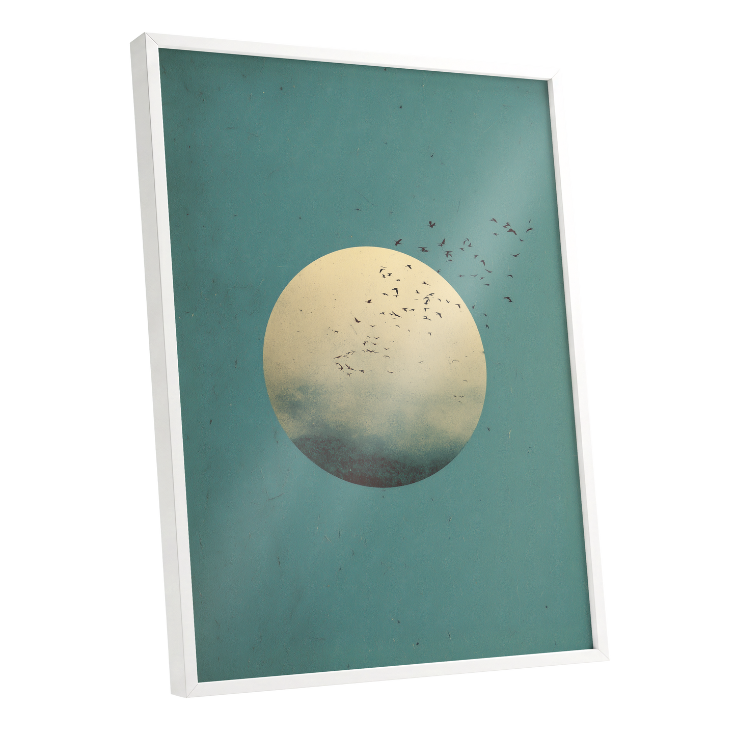 Flock Across the Orb, blue, green, beige nature wall art shown as a white framed poster wall art print