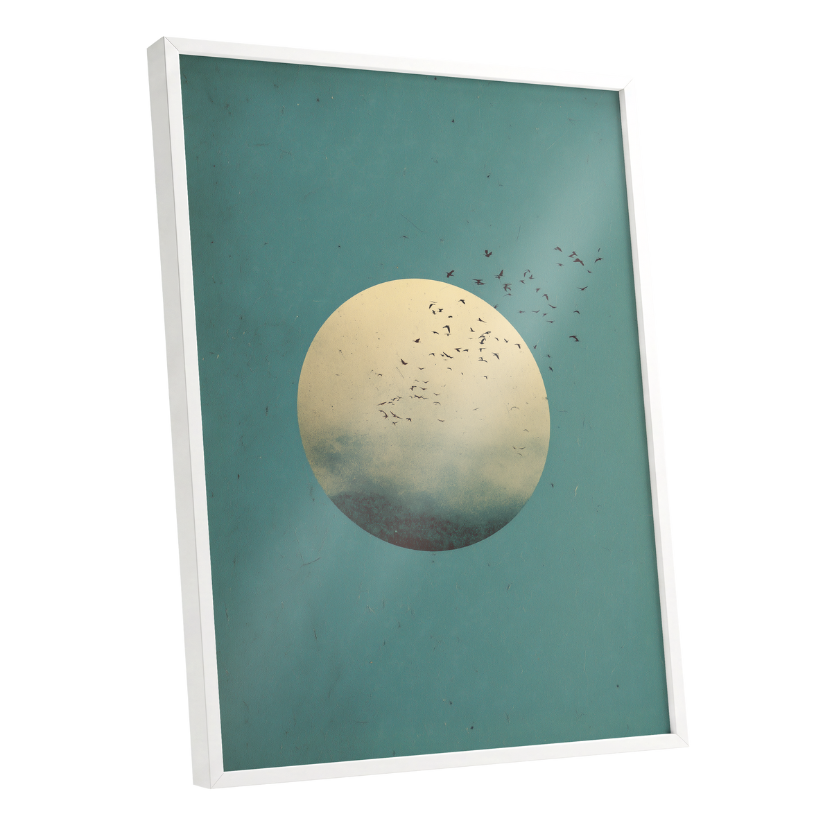 Flock Across the Orb, blue, green, beige nature wall art shown as a white framed poster wall art print