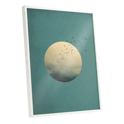Flock Across the Orb, blue, green, beige nature wall art shown as a white framed poster wall art print