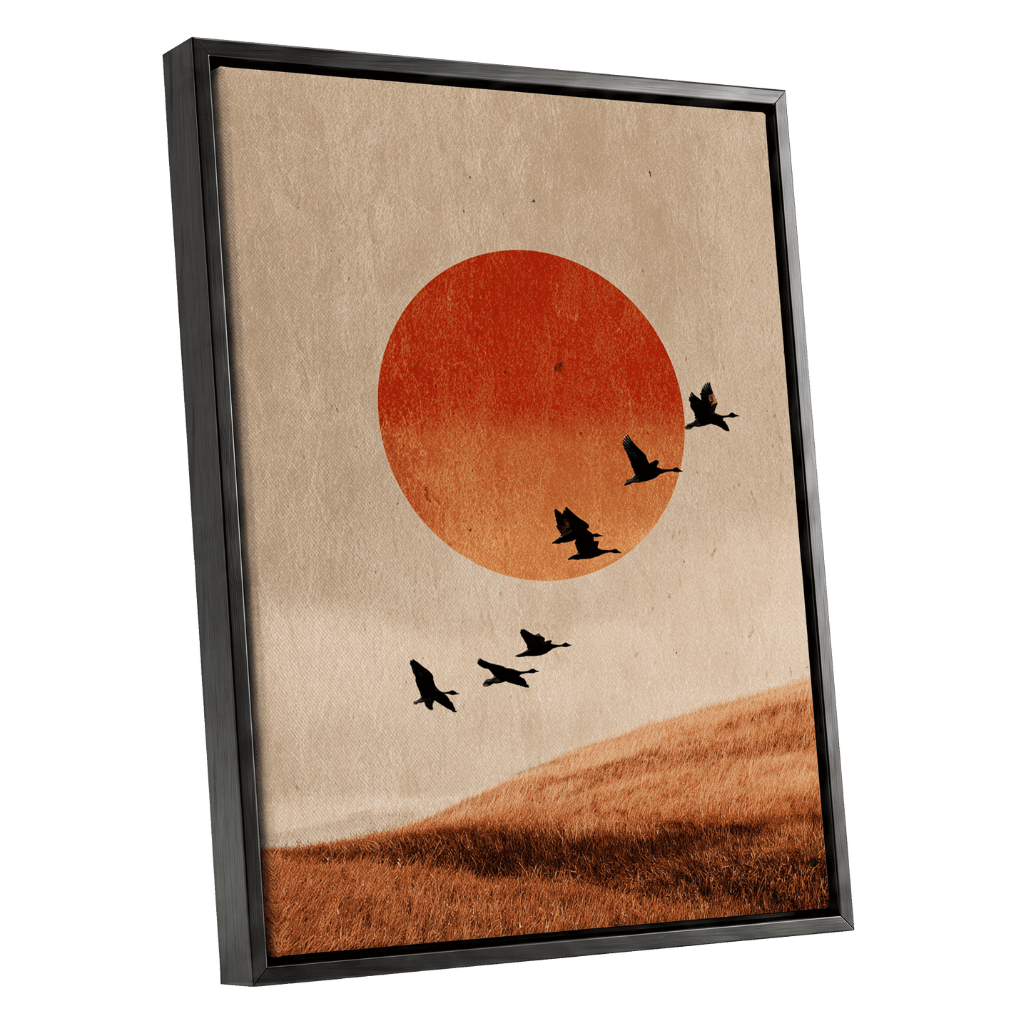 Flock at Burnished Sunset, beige, orange, red nature wall art shown as a black framed canvas wall art