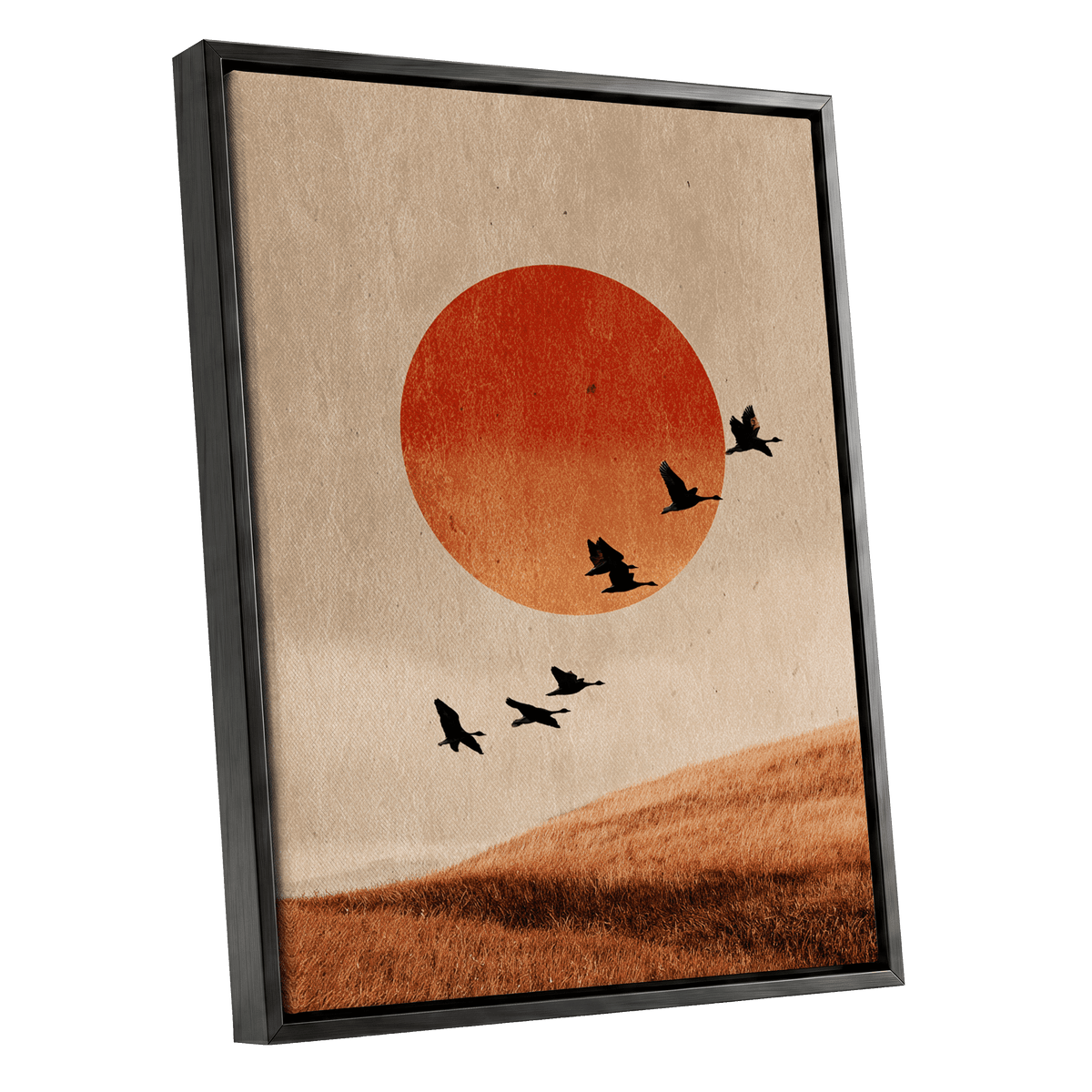 Flock at Burnished Sunset, beige, orange, red nature wall art shown as a black framed canvas wall art