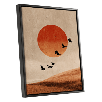 Flock at Burnished Sunset, beige, orange, red nature wall art shown as a black framed canvas wall art