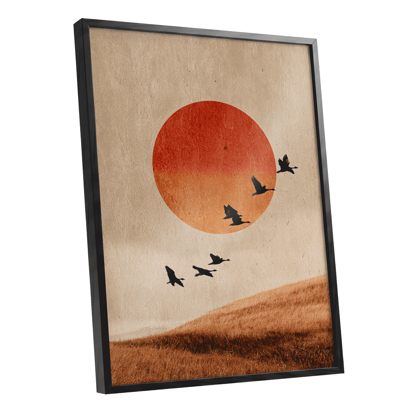 Flock at Burnished Sunset, beige, orange, red nature wall art shown as a black framed poster wall art print