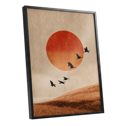 Flock at Burnished Sunset, beige, orange, red nature wall art shown as a black framed poster wall art print