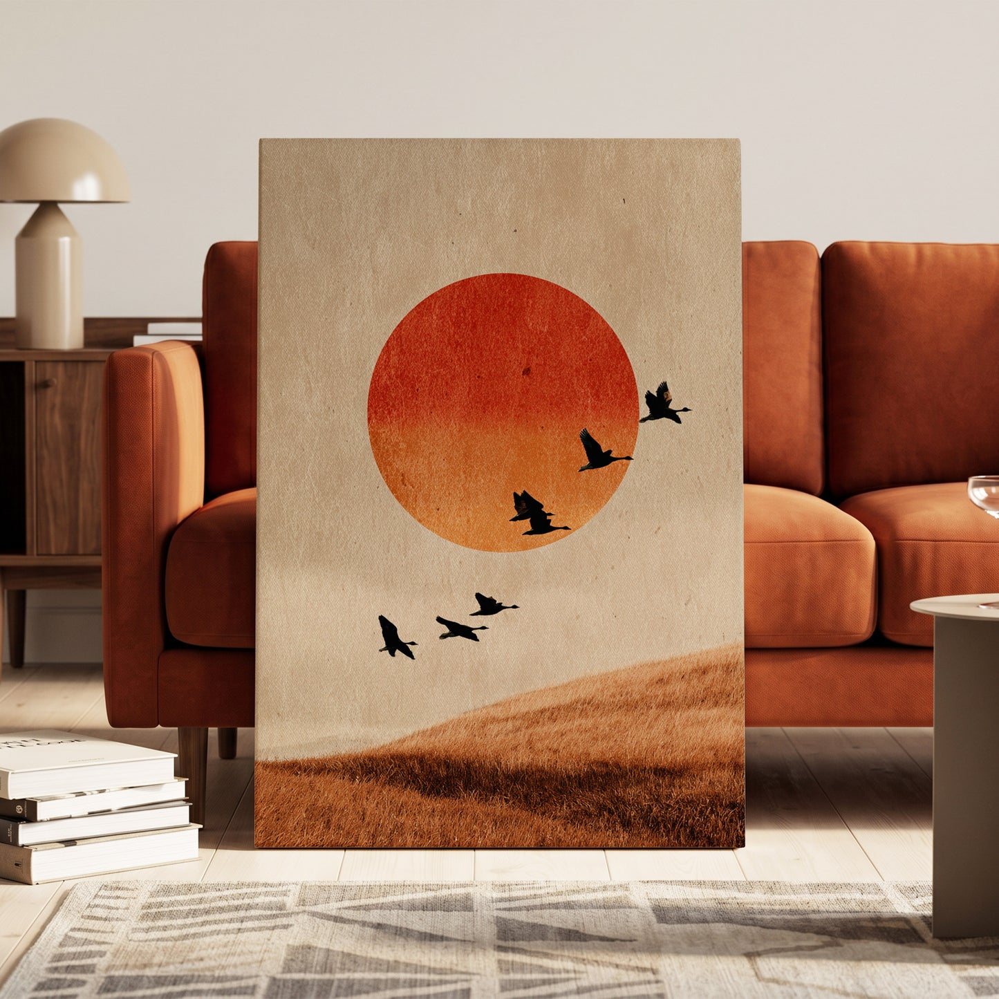 Flock at Burnished Sunset, beige, orange, red nature wall art on canvas displayed in a styled interior, gallery view 1