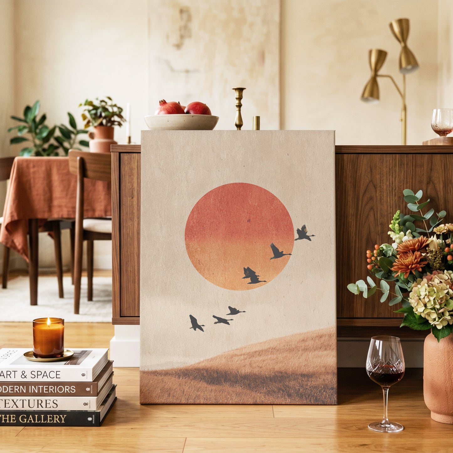 Flock at Burnished Sunset, beige, orange, red nature wall art on canvas displayed in a styled interior, gallery view 2
