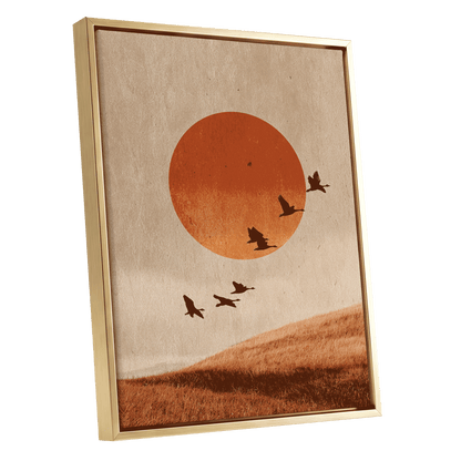 Flock at Burnished Sunset, beige, orange, red nature wall art shown as a gold framed canvas wall art