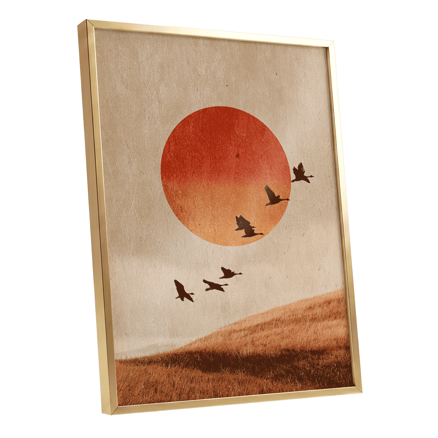 Flock at Burnished Sunset, beige, orange, red nature wall art shown as a gold framed poster wall art print