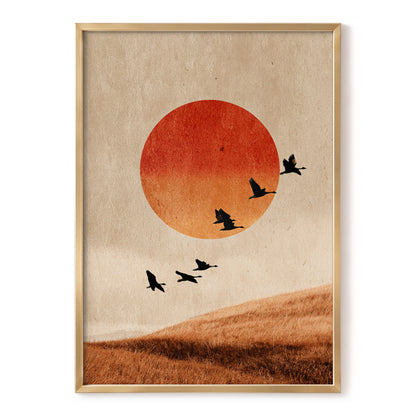 Flock at Burnished Sunset, beige, orange, red nature wall art, front artwork view