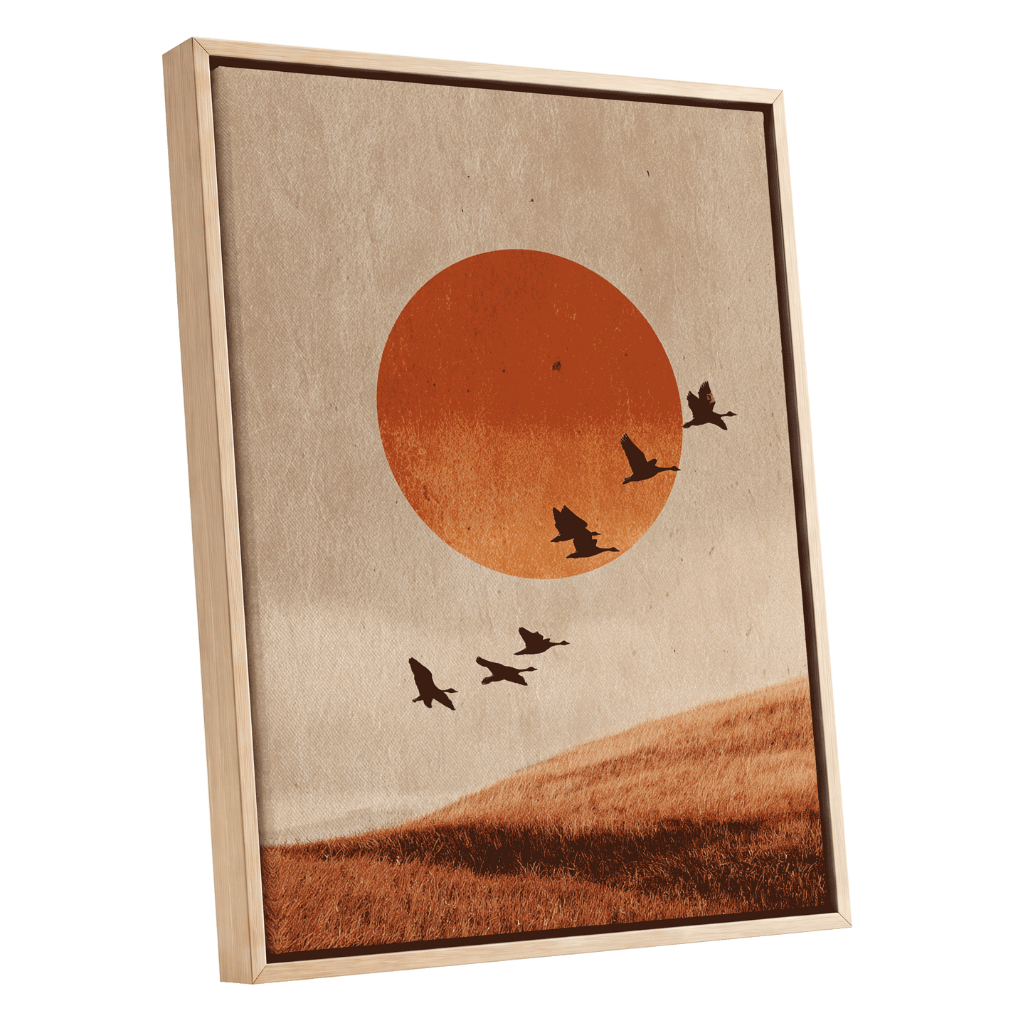 Flock at Burnished Sunset, beige, orange, red nature wall art shown as a oak framed canvas wall art