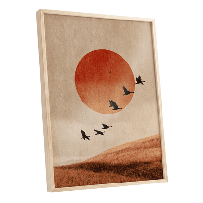 Flock at Burnished Sunset, beige, orange, red nature wall art shown as a oak framed poster wall art print