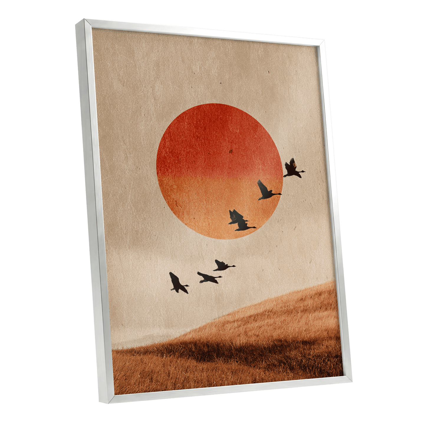 Flock at Burnished Sunset, beige, orange, red nature wall art shown as a silver framed poster wall art print
