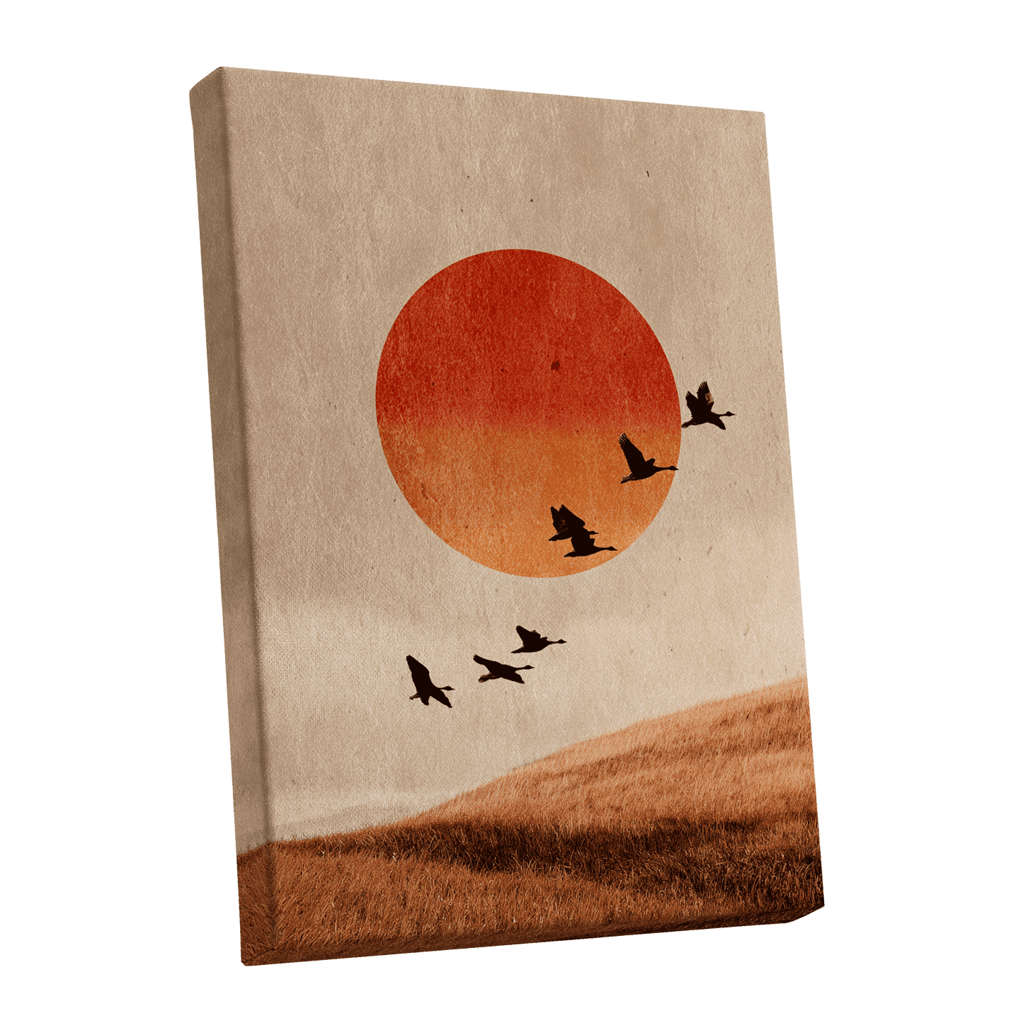 Flock at Burnished Sunset, beige, orange, red nature wall art shown as a stretched canvas wall art