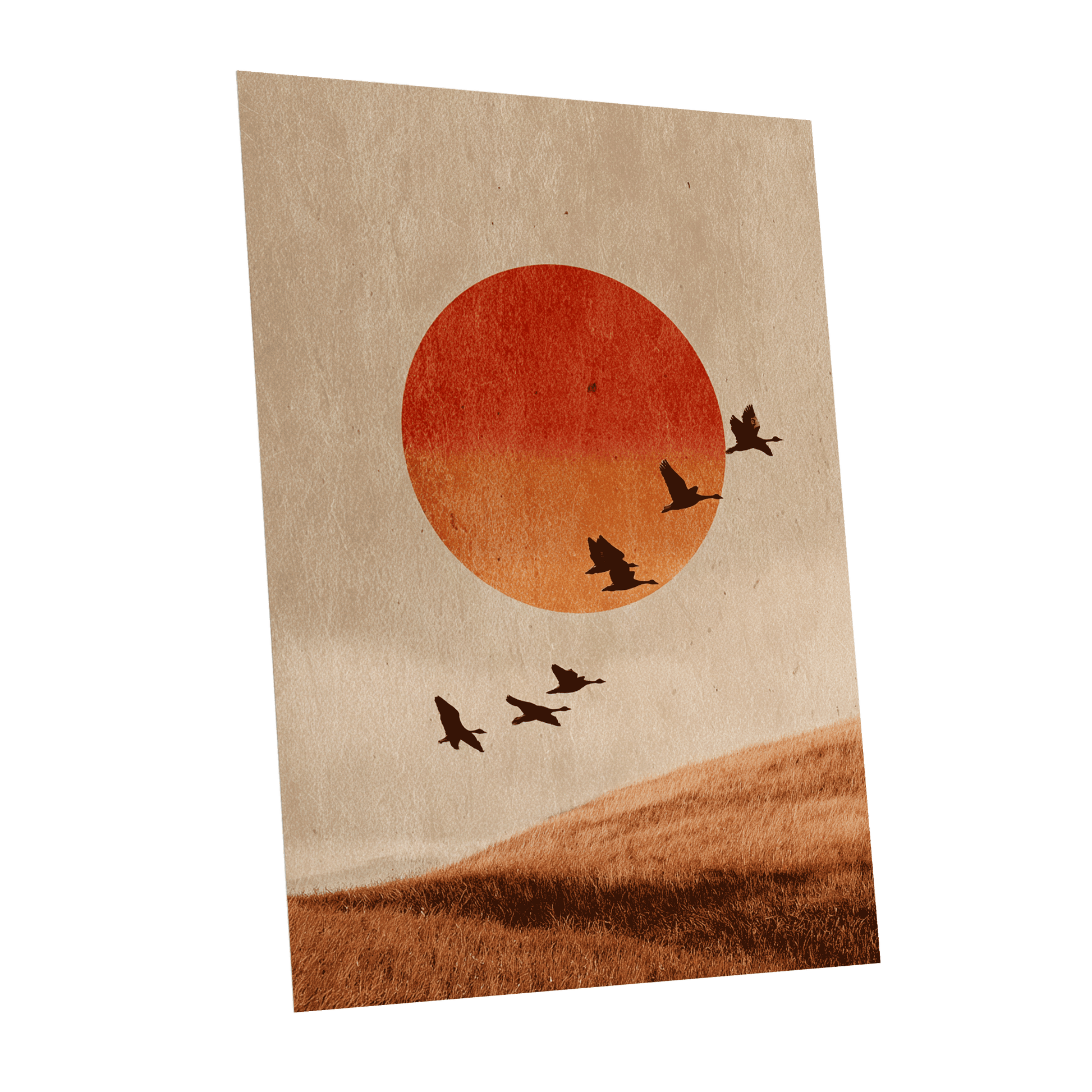 Flock at Burnished Sunset, beige, orange, red nature wall art shown as a unframed poster wall art print