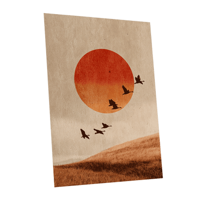 Flock at Burnished Sunset, beige, orange, red nature wall art shown as a unframed poster wall art print