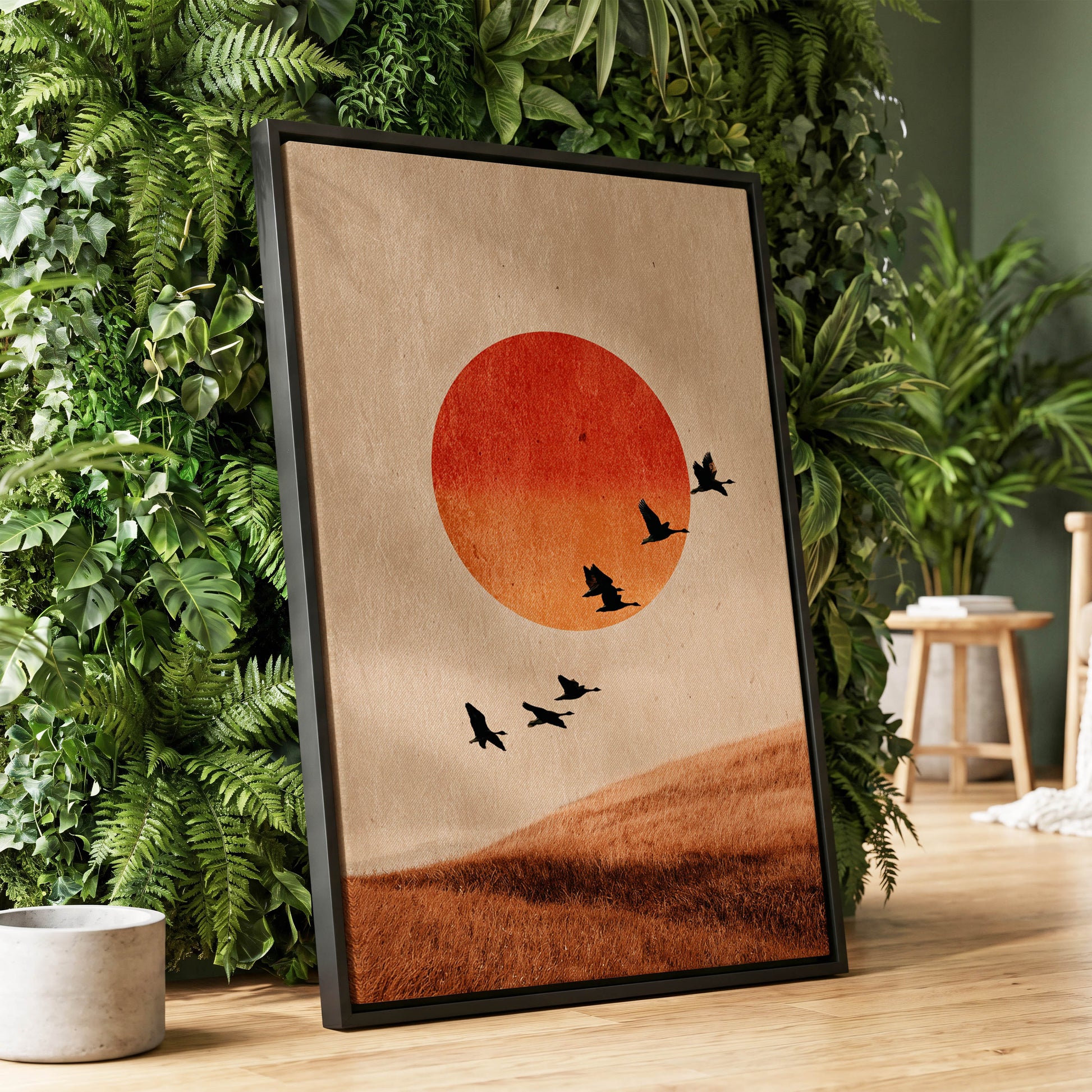 Flock at Burnished Sunset, beige, orange, red nature wall art displayed in a styled interior, gallery view 1