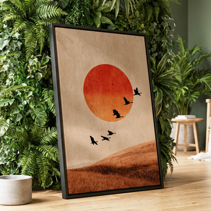 Flock at Burnished Sunset, beige, orange, red nature wall art displayed in a styled interior, gallery view 1
