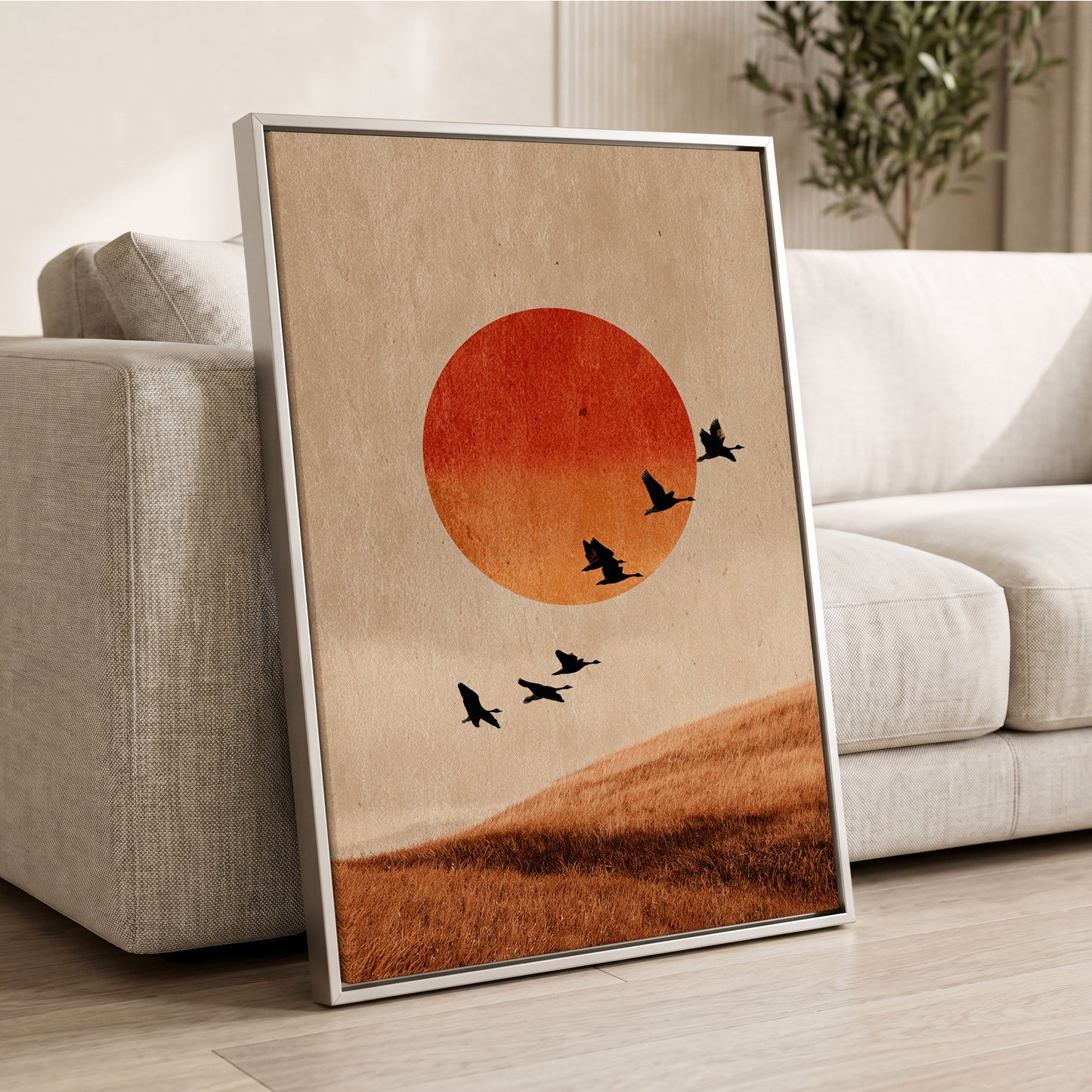 Flock at Burnished Sunset, beige, orange, red nature wall art displayed in a styled interior, gallery view 2