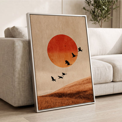 Flock at Burnished Sunset, beige, orange, red nature wall art displayed in a styled interior, gallery view 2