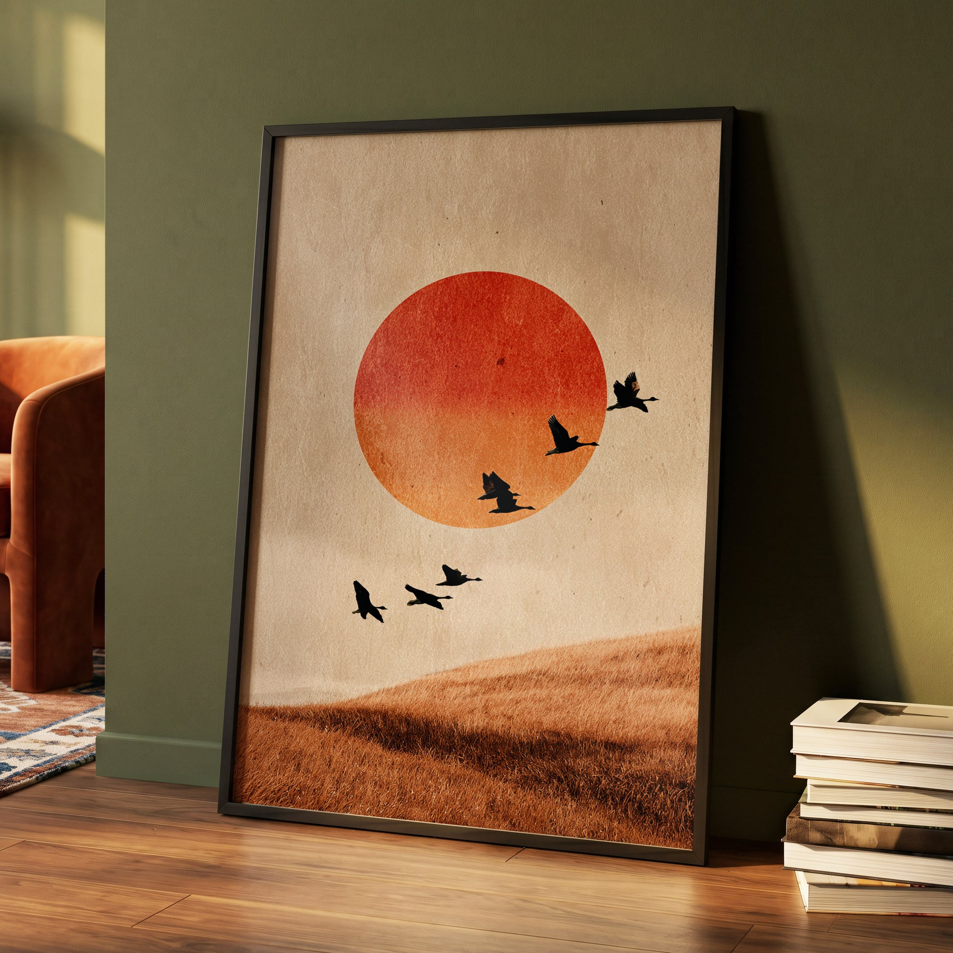 Flock at Burnished Sunset, beige, orange, red nature wall art displayed in a styled interior, gallery view 4