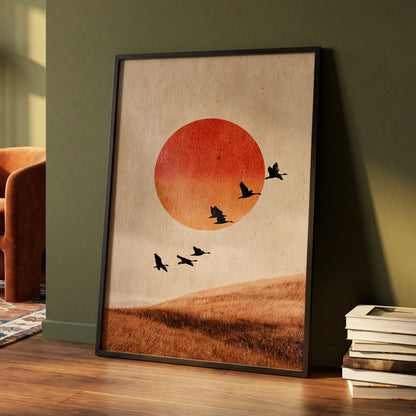 Flock at Burnished Sunset, beige, orange, red nature wall art displayed in a styled interior, gallery view 4