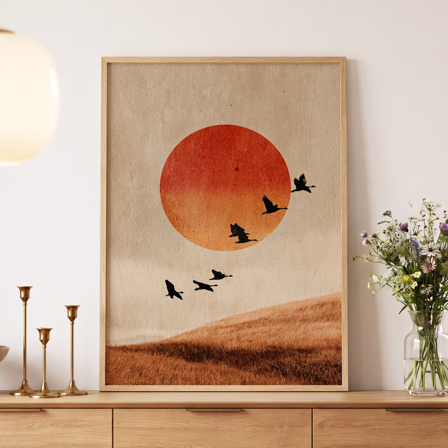 Flock at Burnished Sunset, beige, orange, red nature wall art displayed in a styled interior, gallery view 5