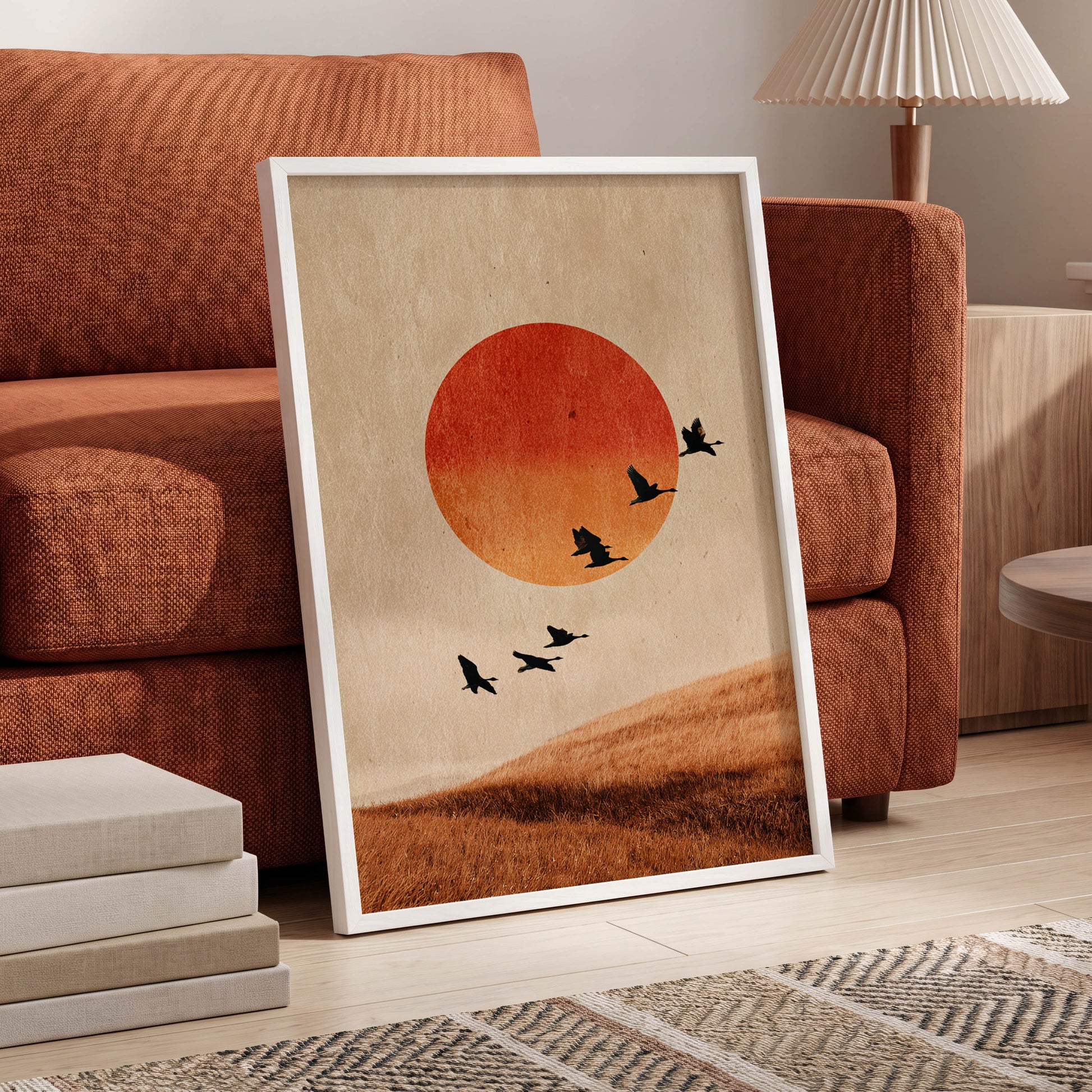 Flock at Burnished Sunset, beige, orange, red nature wall art displayed in a styled interior, gallery view 6