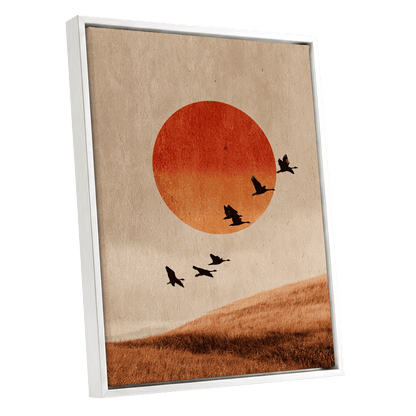 Flock at Burnished Sunset, beige, orange, red nature wall art shown as a white framed canvas wall art