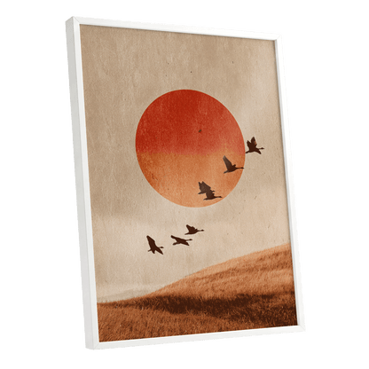 Flock at Burnished Sunset, beige, orange, red nature wall art shown as a white framed poster wall art print