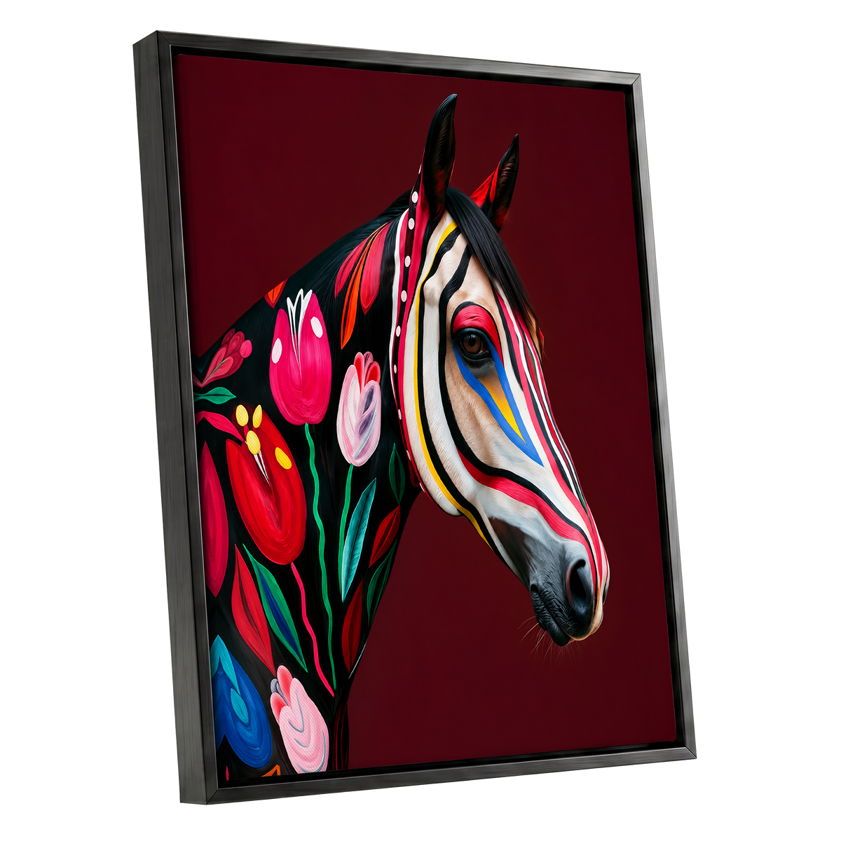Floral Cavalcade, black, red, pink floral wall art shown as a black framed canvas wall art