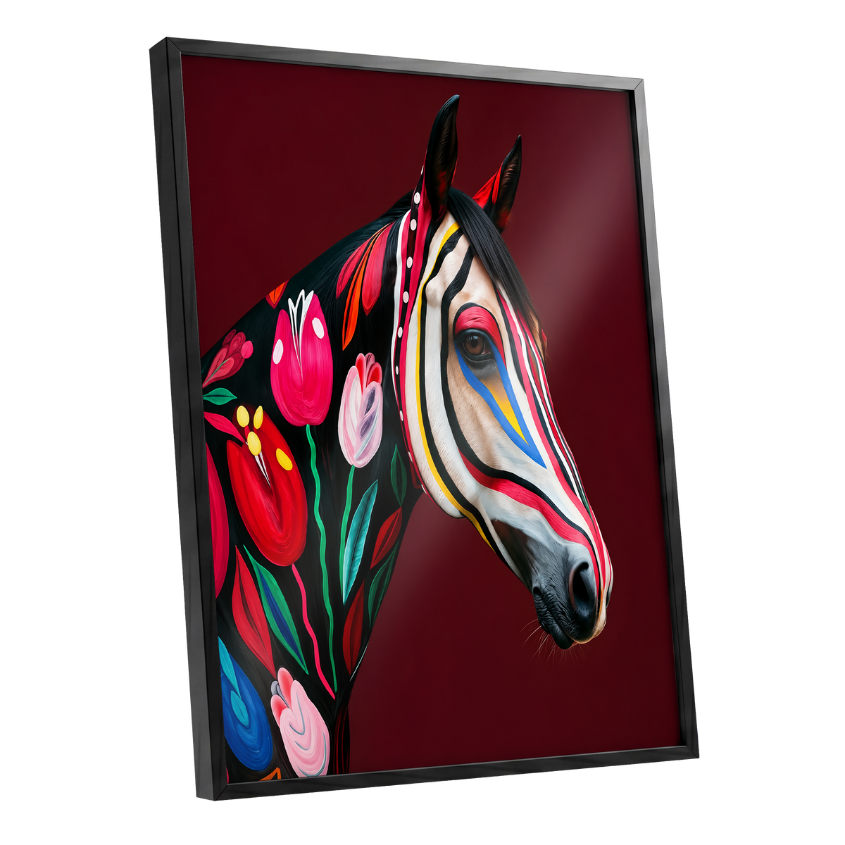 Floral Cavalcade, black, red, pink floral wall art shown as a black framed poster wall art print