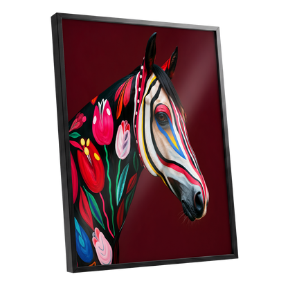 Floral Cavalcade, black, red, pink floral wall art shown as a black framed poster wall art print