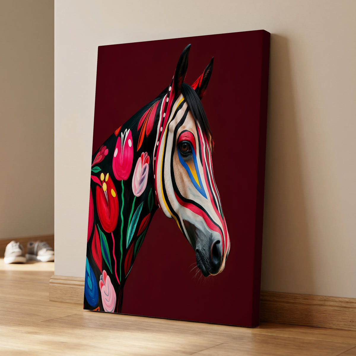 Floral Cavalcade, black, red, pink floral wall art on canvas displayed in a styled interior, gallery view 1