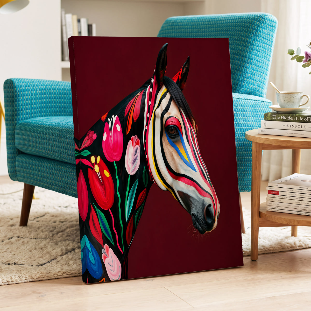 Floral Cavalcade, black, red, pink floral wall art on canvas displayed in a styled interior, gallery view 2