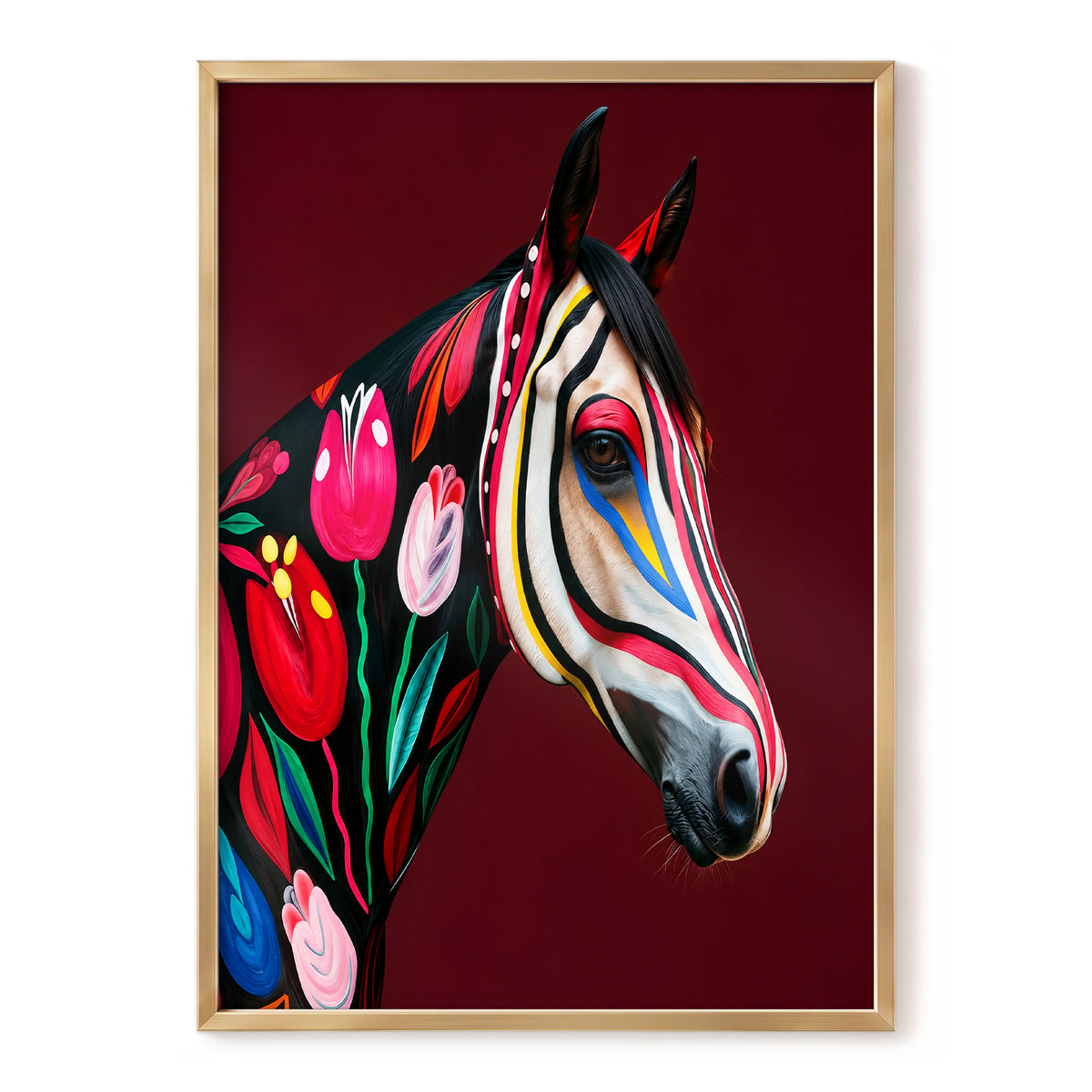 Floral Cavalcade, black, red, pink floral wall art, front artwork view