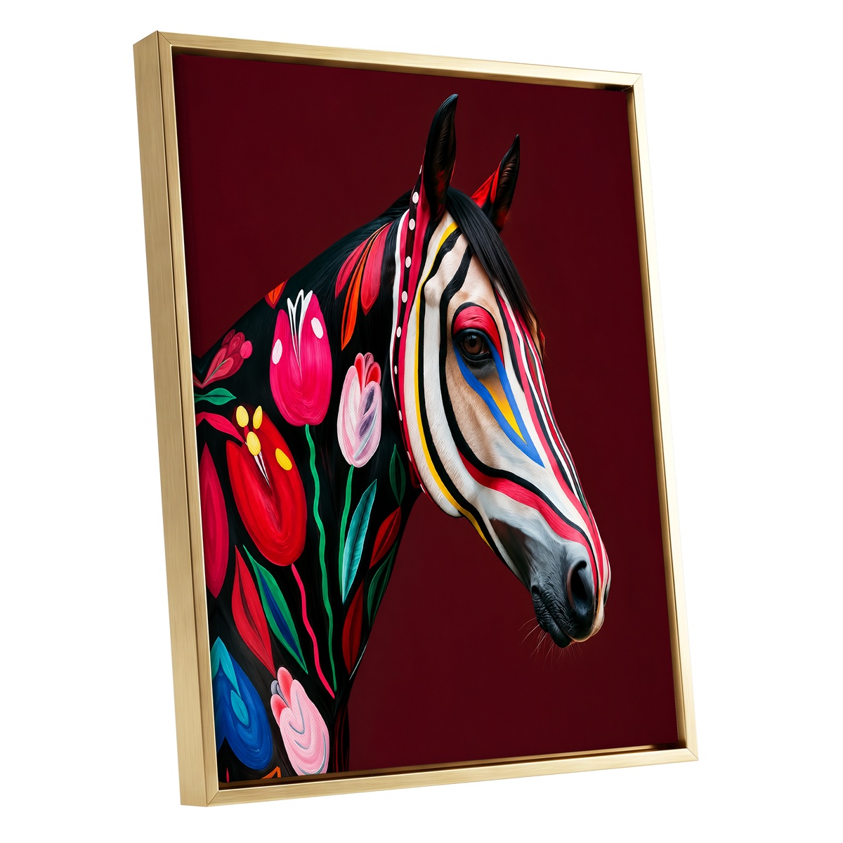 Floral Cavalcade, black, red, pink floral wall art shown as a gold framed canvas wall art