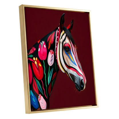 Floral Cavalcade, black, red, pink floral wall art shown as a gold framed canvas wall art
