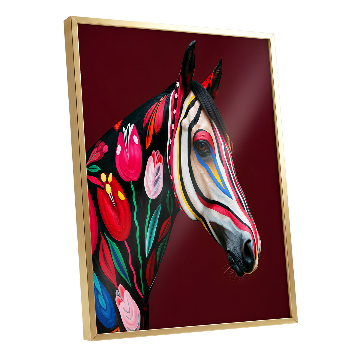Floral Cavalcade, black, red, pink floral wall art shown as a gold framed poster wall art print