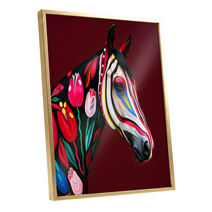 Floral Cavalcade, black, red, pink floral wall art shown as a gold framed poster wall art print